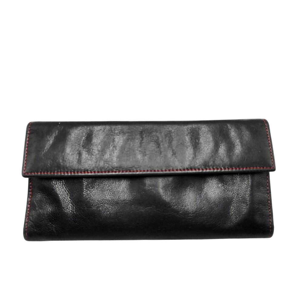 Vintage Tusk Black Red Genuine Leather Slim Trifold Snap Button Wallet Classic